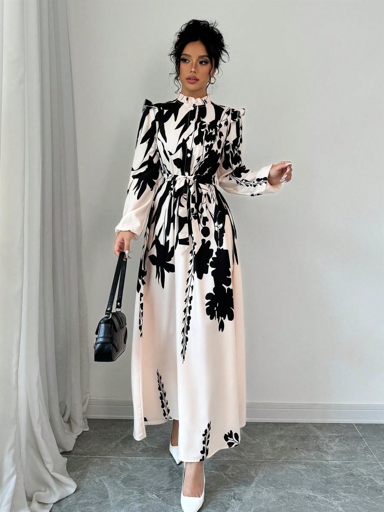 Women's Floral Cinched Waist Long Sleeve A-Line Dress FAZAH FASHION Women's Floral Cinched Waist Long Sleeve A-Line Dress FAZAH FASHION