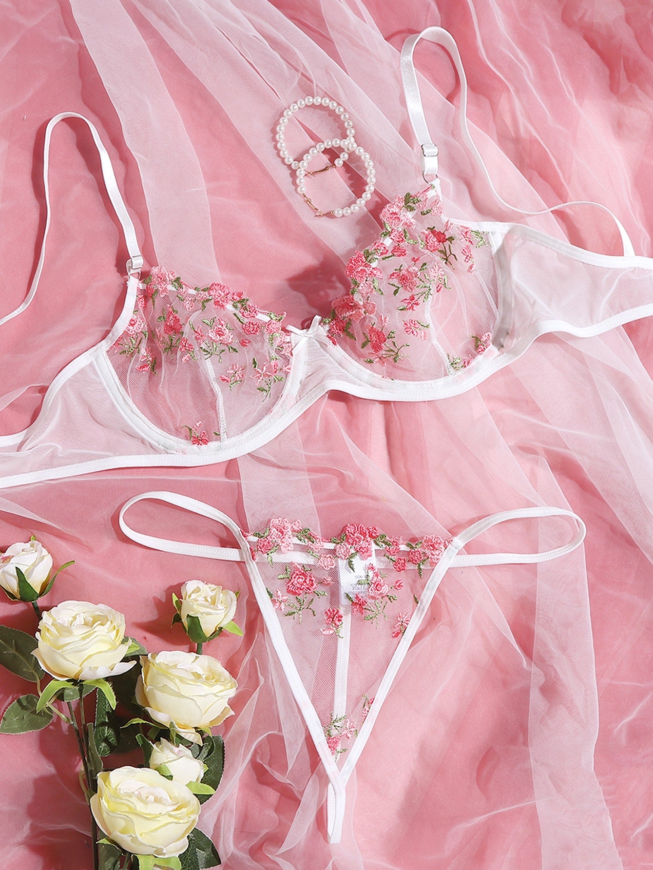 Floral Embroidered Mesh Underwire Lingerie Set – FAZAH FASHION